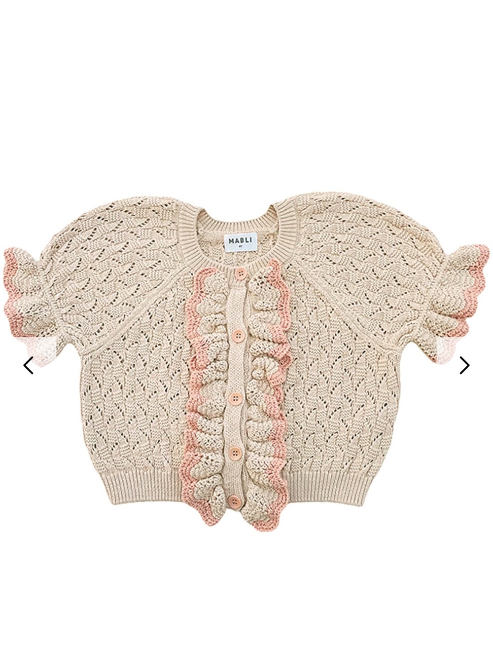Mabli Cream Knit Ruffle Button Cardigan with Pink Trim. Size 2